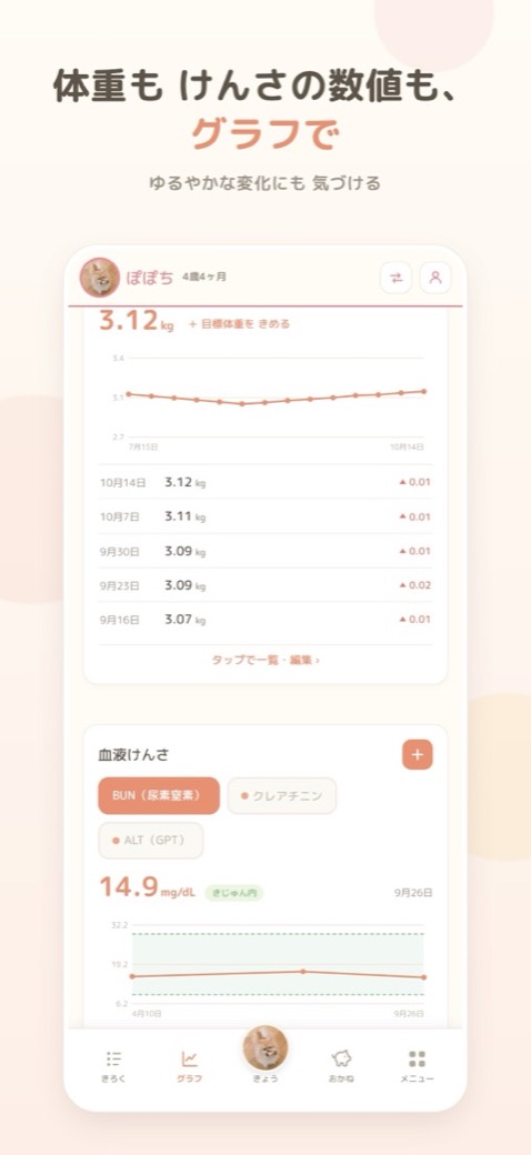 体重と血液検査の数値のグラフ